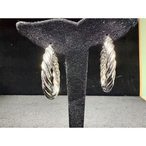 Twisted Hoop Earrings Bronze Buckle Italy Silver Tone Medium Size